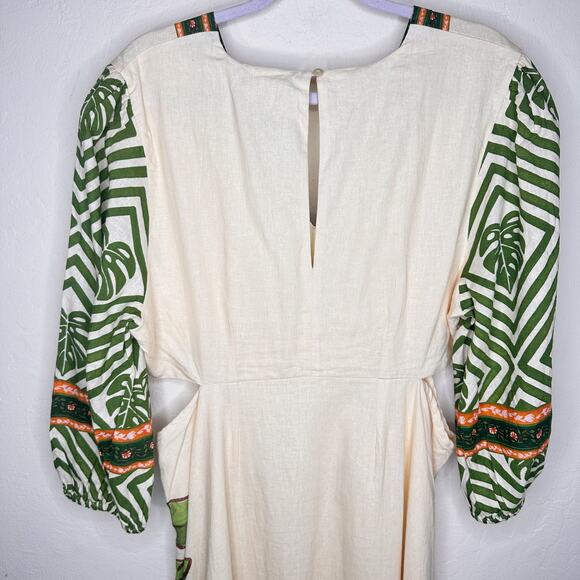 NWT Anthropologie Farm Rio Palm Tree V Neck Puff Sleeve Cut Out Waist Midi Dress - Picture 11 of 15
